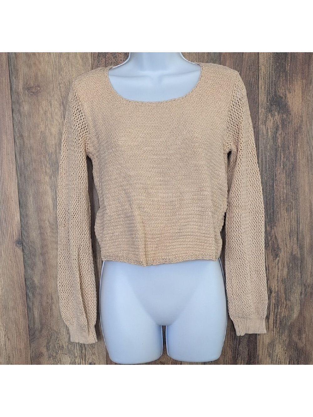 Wishlist Women's Tan Scoop Neck Woven Crocheted Cropped Sweater S